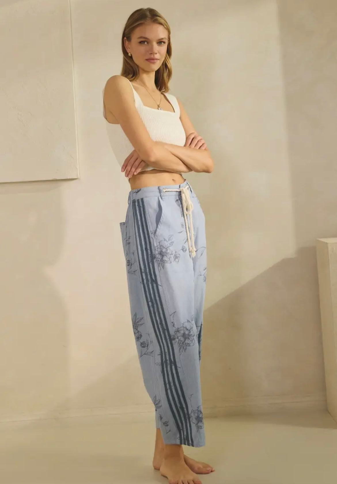 Daisy Floral Rope Drawstring Barrel Leg Pants