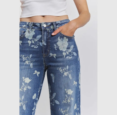 Floral Print Wide Leg Denim Jeans