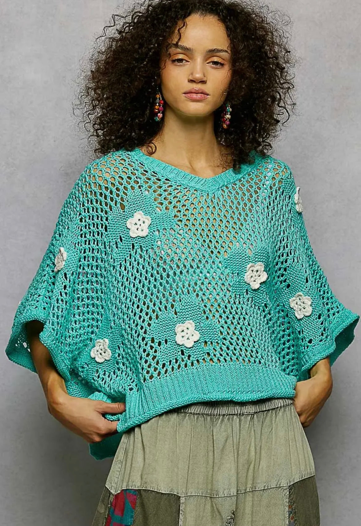 POL, Embroidered flower crochet top