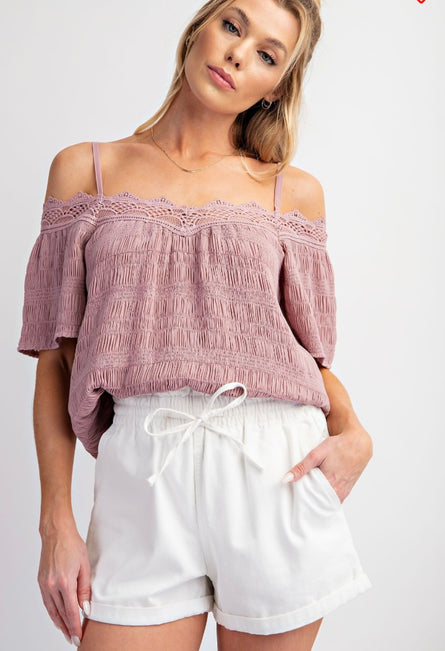 Blush Romance Smocked Lace Trim Top