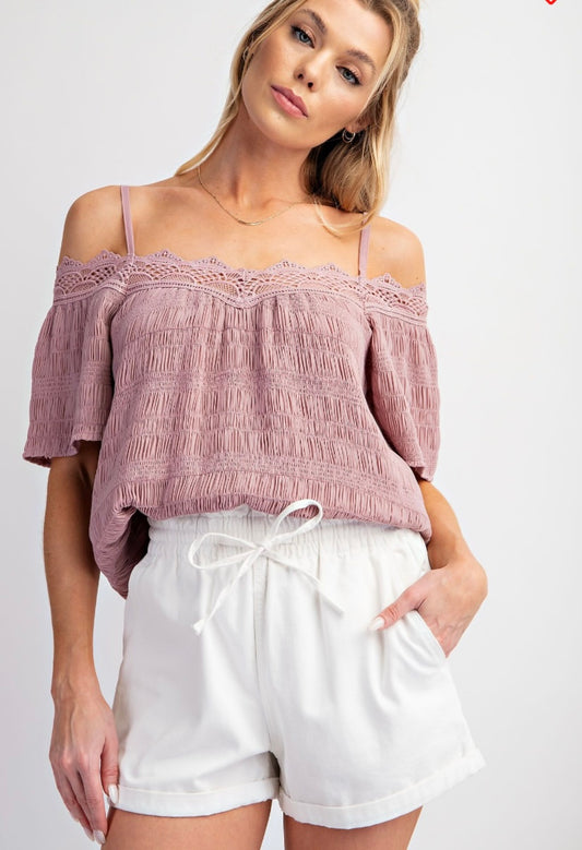 Blush Romance Smocked Lace Trim Top