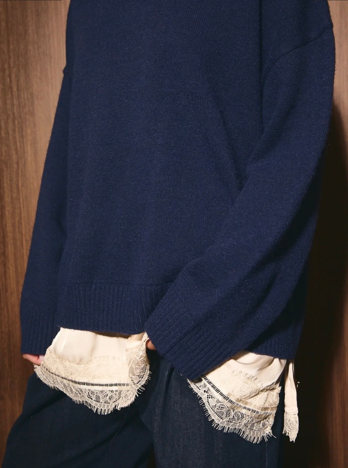 Navy V Neck Layered Lace Hem Oversized Sweater