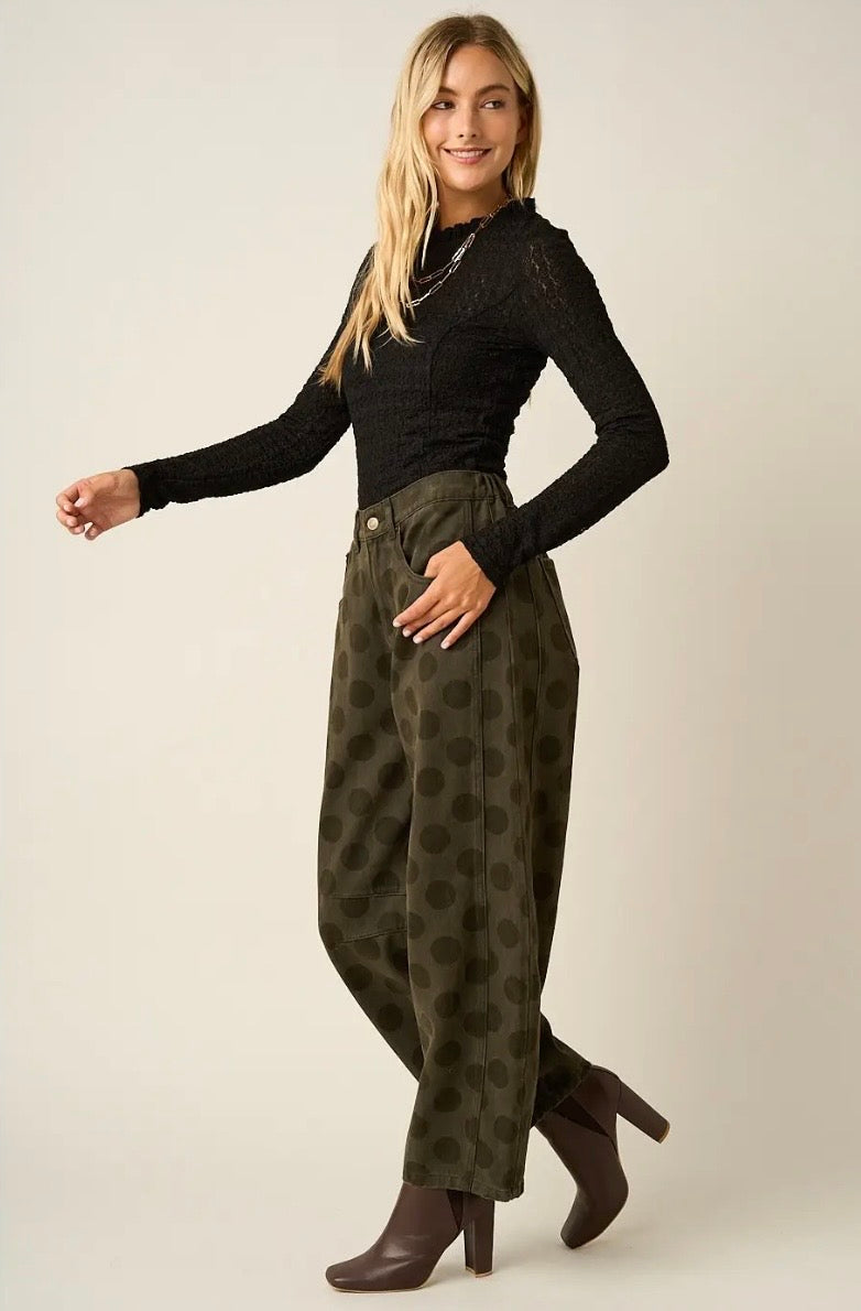 Olive Polka Dot Cotton Denim Barrel Leg Pants