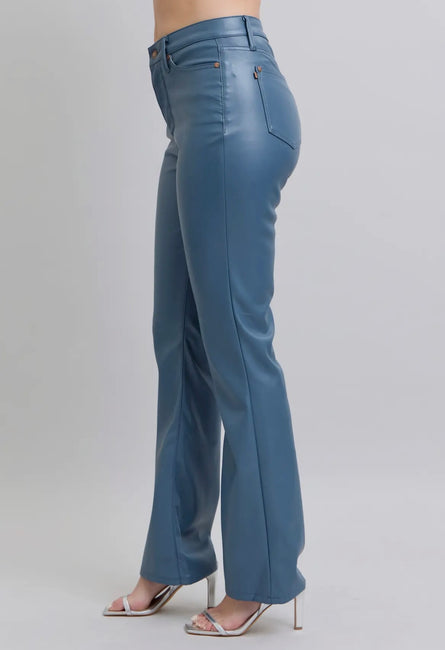 Baby Blue, tummy control baby bootcut leather pants.