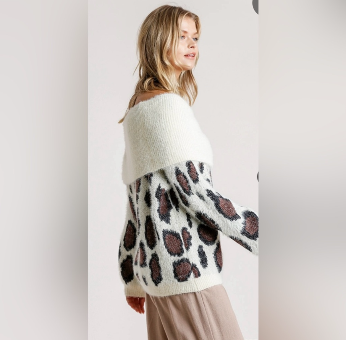 Leopard latte, off the shoulder fuzzy sweater