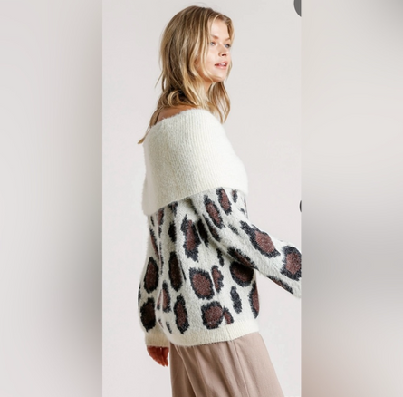 Leopard latte, off the shoulder fuzzy sweater
