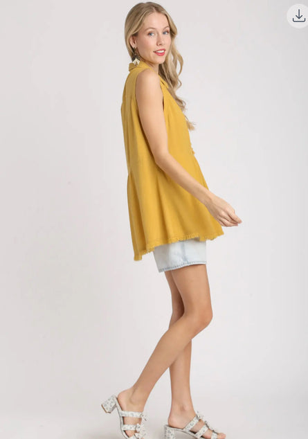 Boho Frayed Babydoll Tank Top – Sleeveless Collared Button Front Blouse
