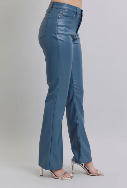 Baby Blue, tummy control baby bootcut leather pants.