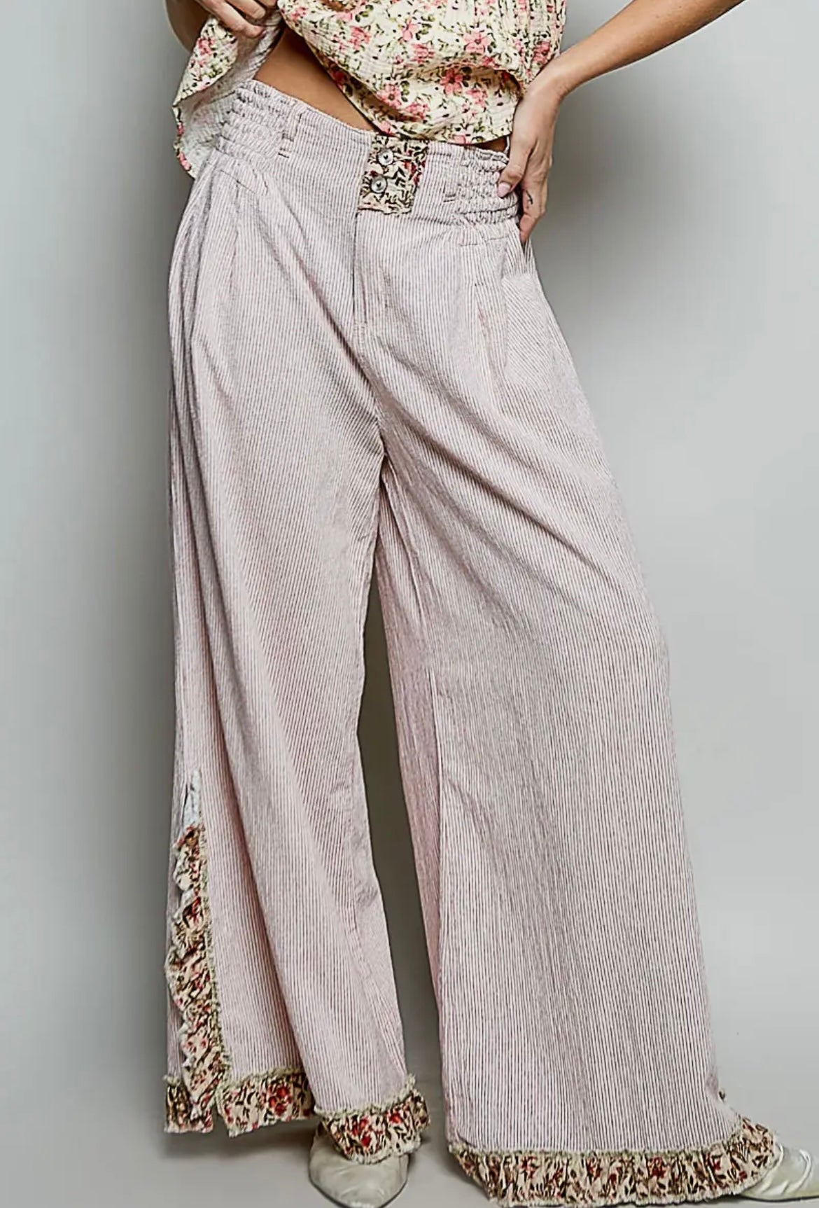 POL Blush Pinstripe Wide Leg Pants | Floral Trim Boho Palazzo Pants