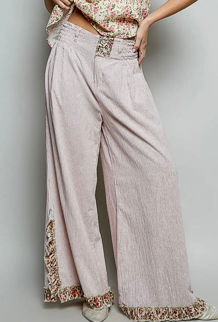 POL Blush Pinstripe Wide Leg Pants | Floral Trim Boho Palazzo Pants