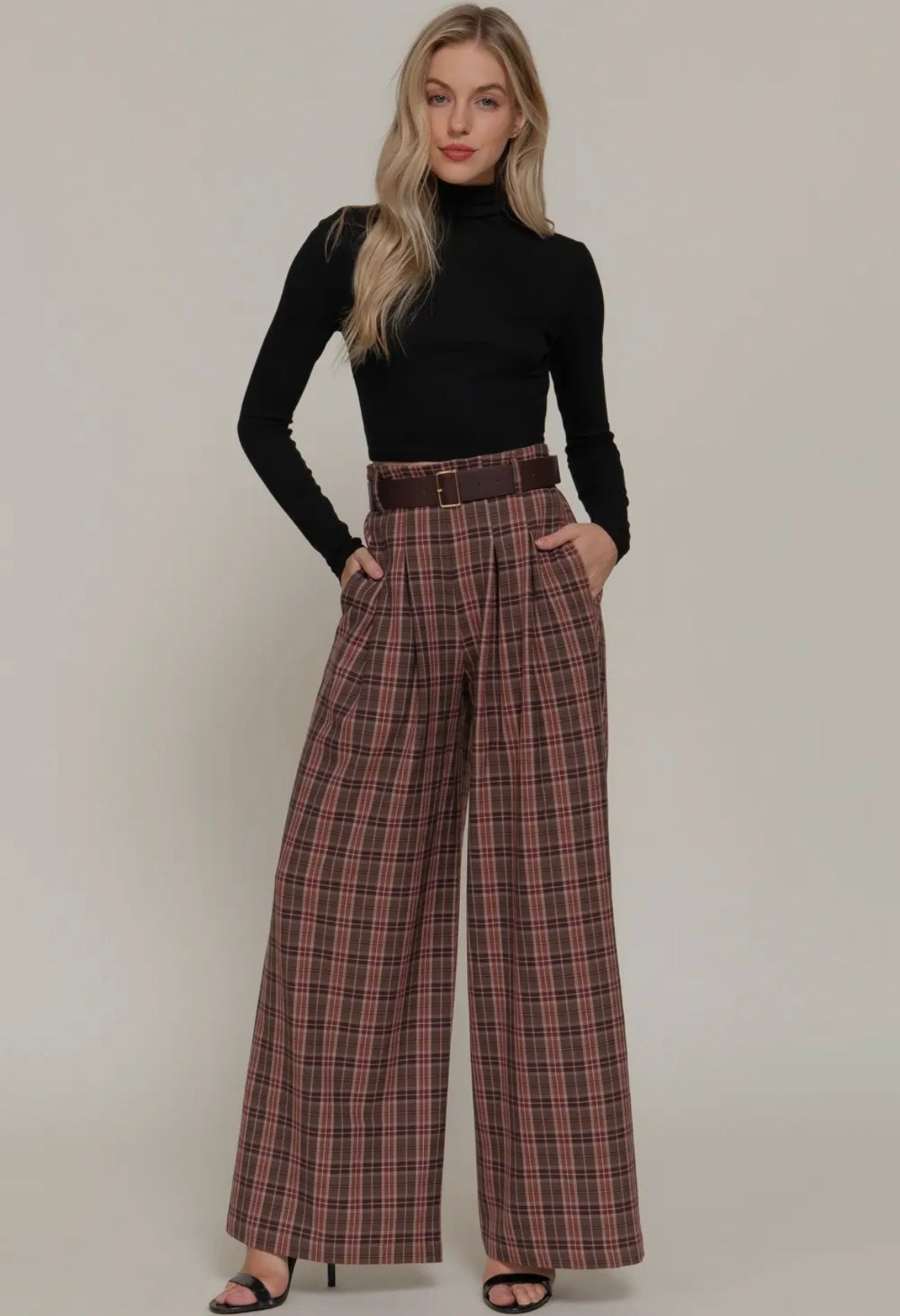 Plaid about you, Belted wide leg palazzo pant