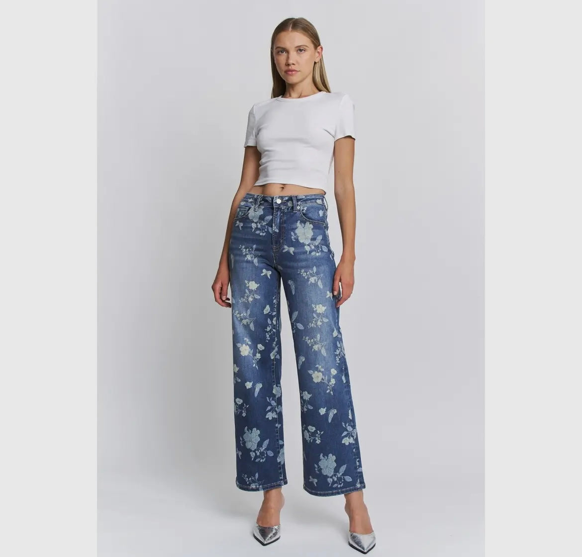 Floral Print Wide Leg Denim Jeans