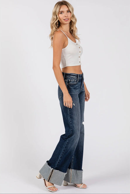 Petra153,  Dark Wash Relaxed Cuffed Flare Jeans
