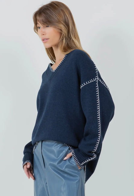 Whipstich, contrast blanket stitched navy sweater