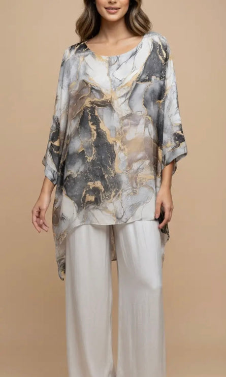 Made in Italy Marble Print Silk Poncho Top