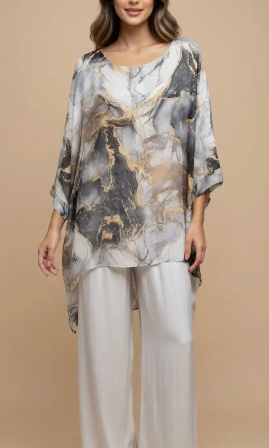 Made in Italy Marble Print Silk Poncho Top