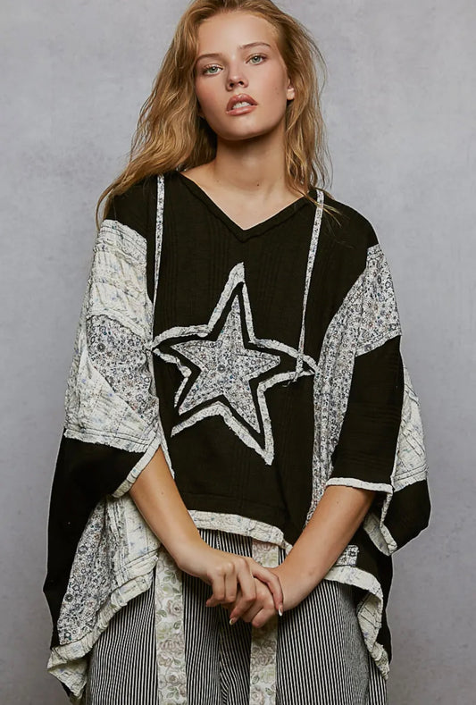 Starry Night, Lace contrast floral star patch knit top