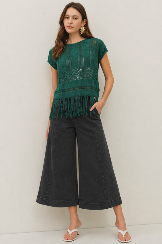 High Rise Black Wash Cropped Denim Gaucho Pants