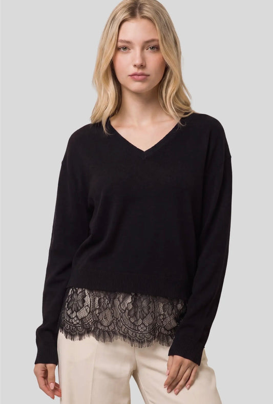 After Hours Lace Hem V-Neck Sweater