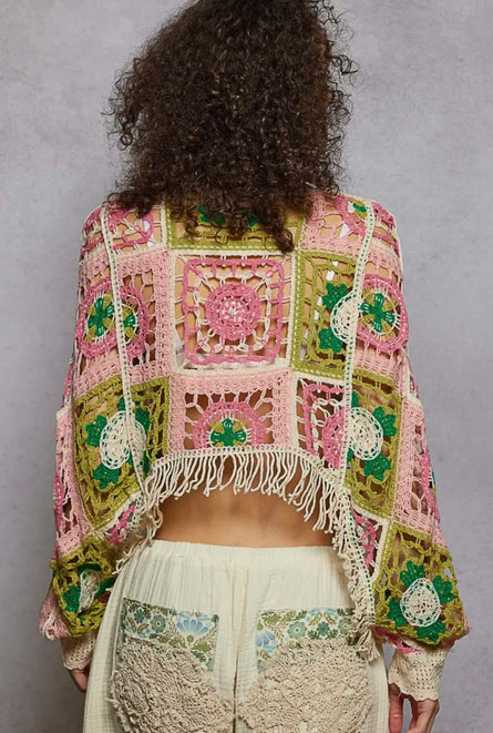 POL, Boho Crochet Patchwork Fringe Sweater Top
