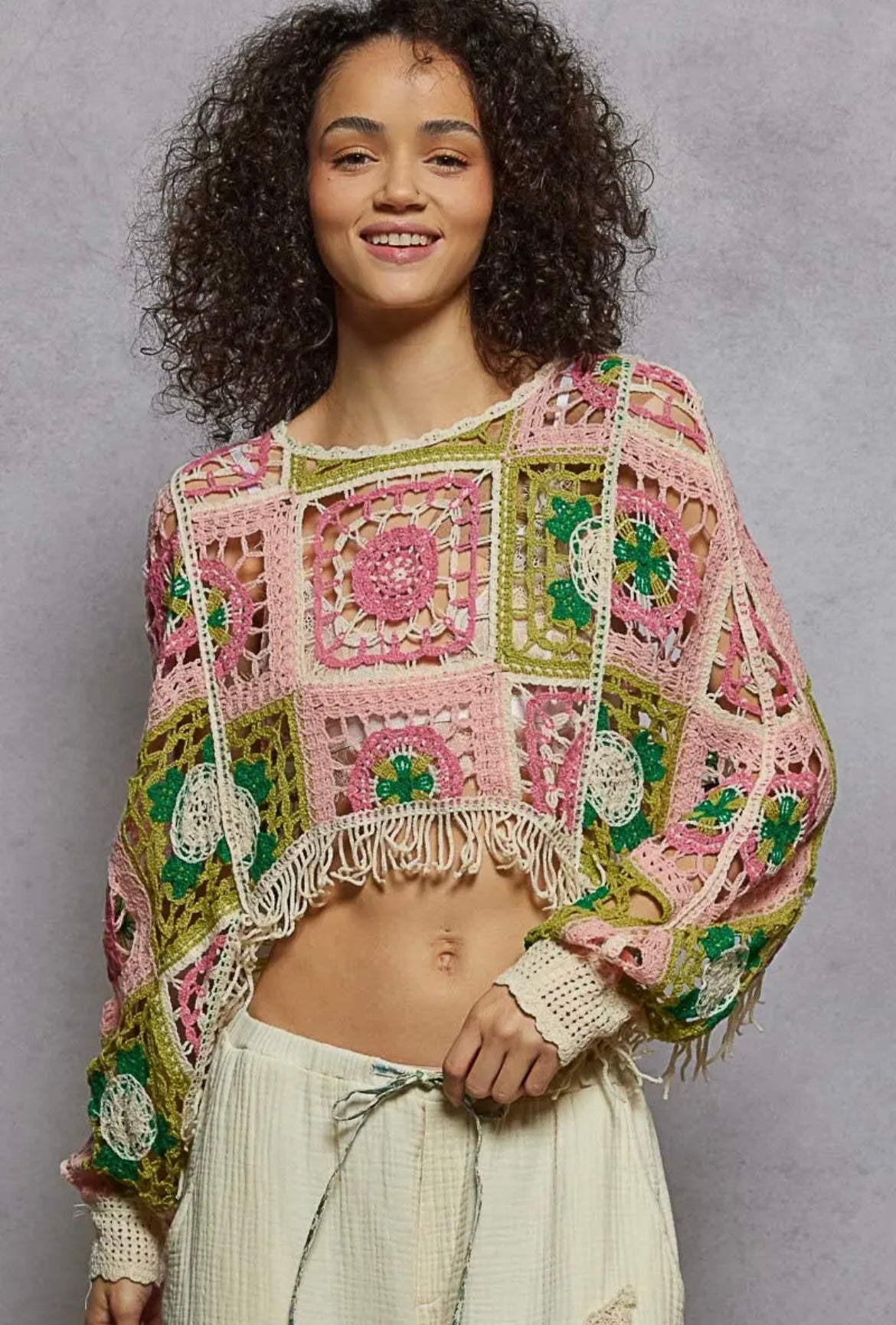 POL, Boho Crochet Patchwork Fringe Sweater Top
