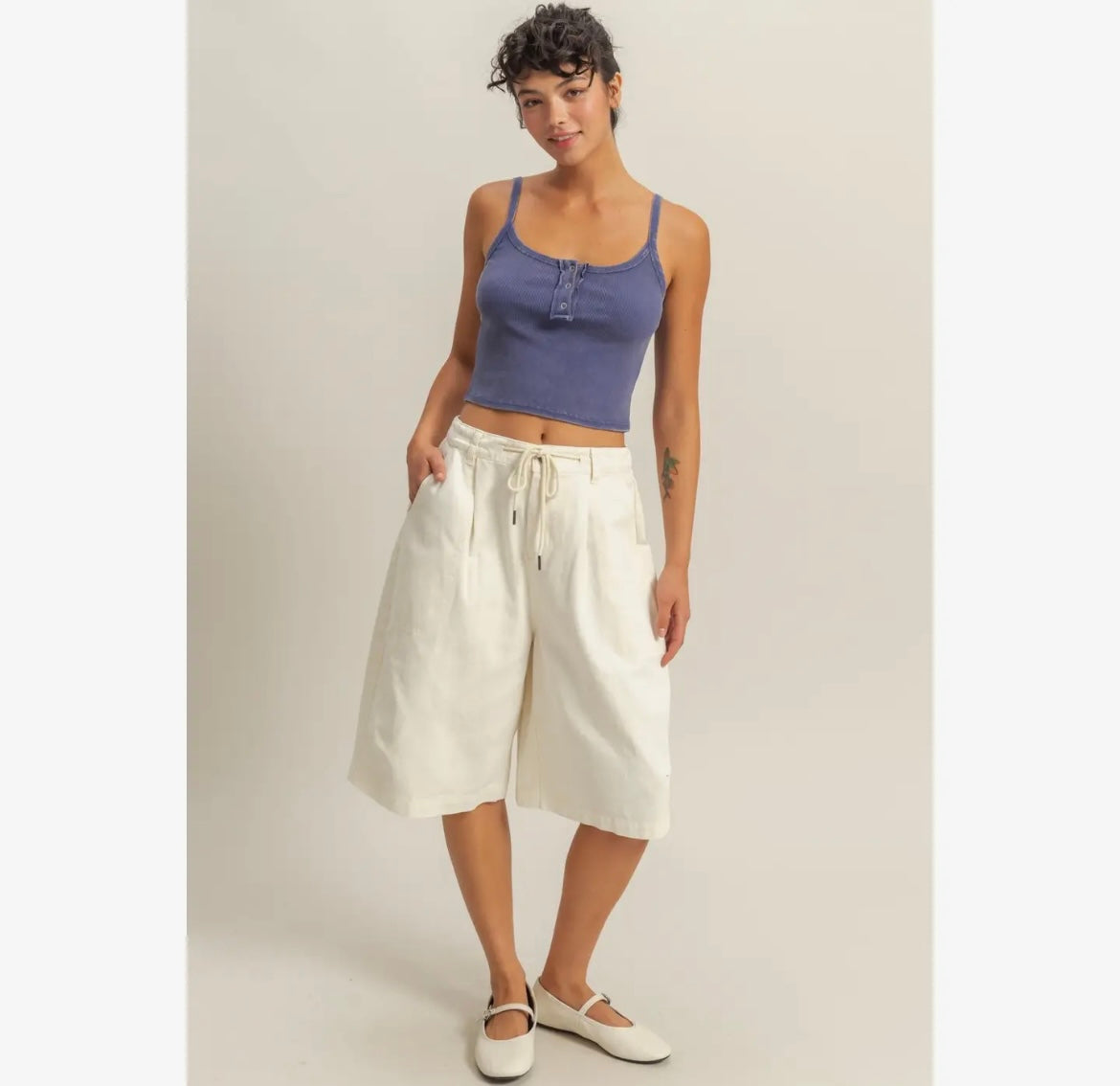 Drawstring waist Cotton Wide leg Jorts