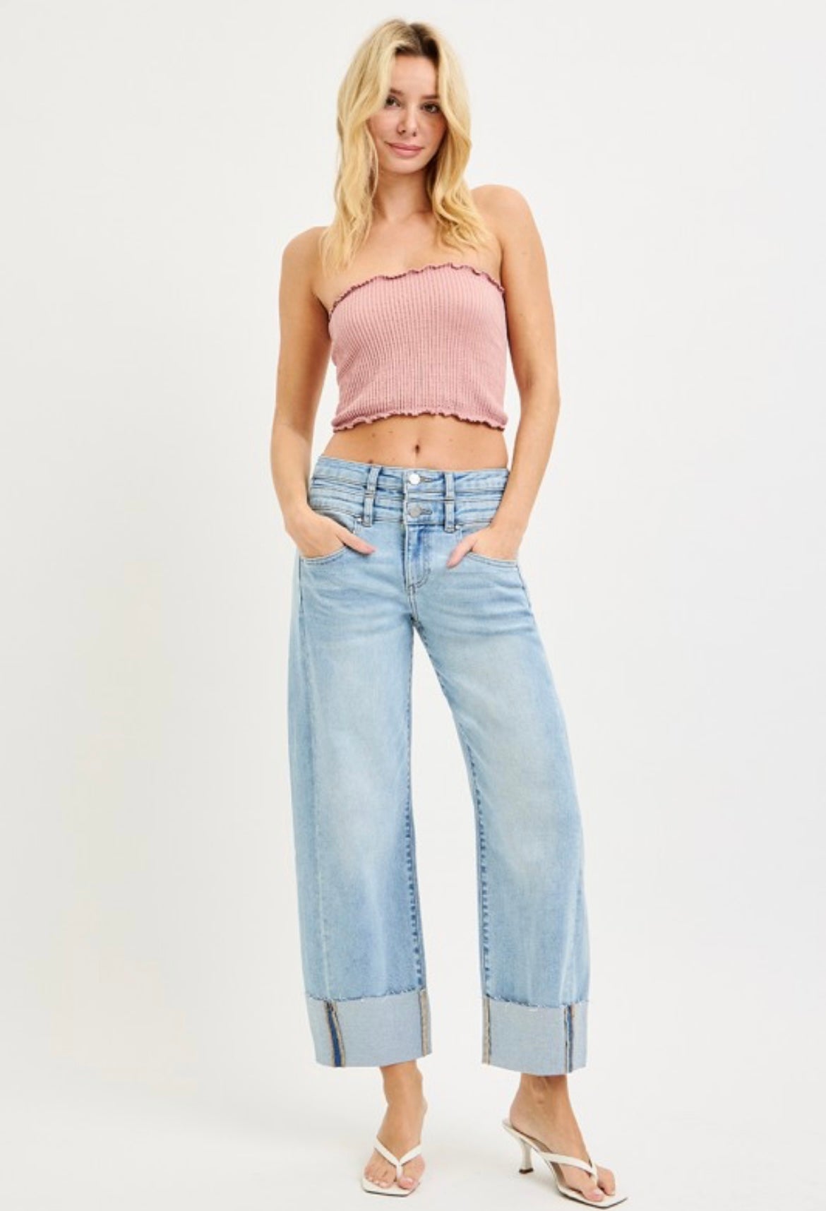 Risen, high-rise double button cuffed barrel jeans
