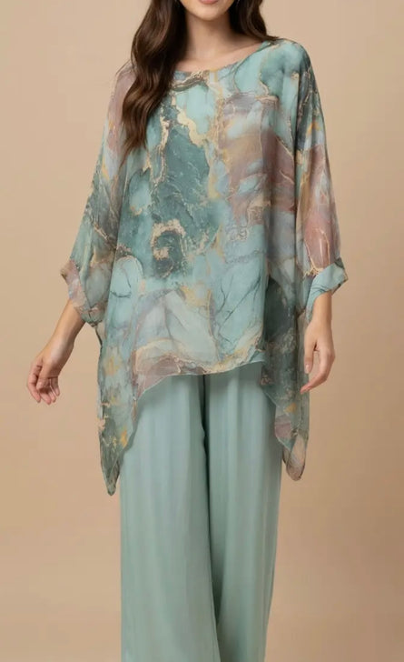 Made in Italy Marble Print Silk Poncho Top