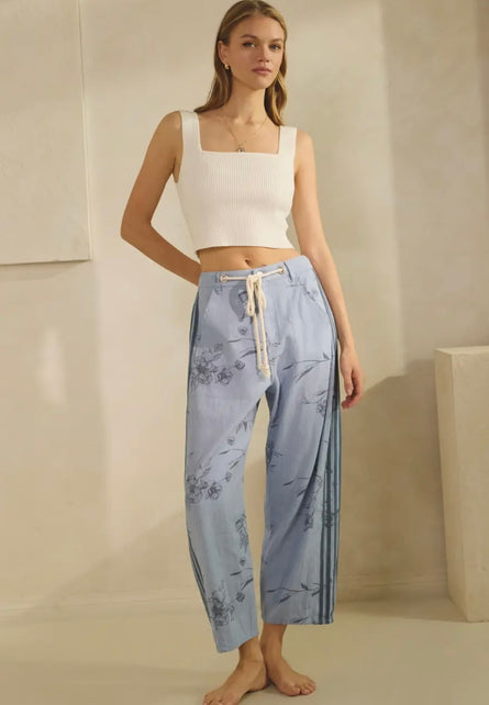 Daisy Floral Rope Drawstring Barrel Leg Pants