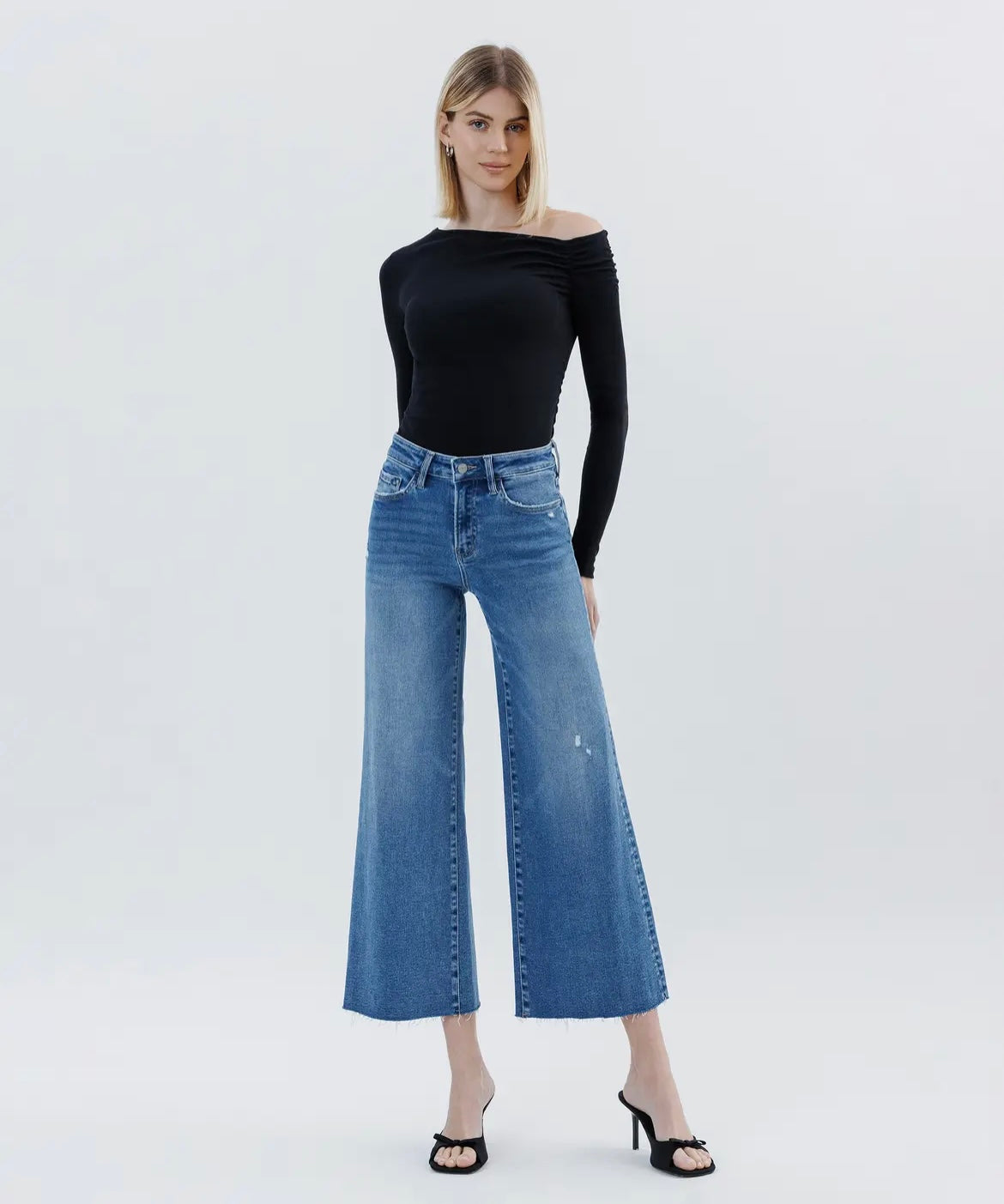 Harper, High rise raw hem ankle wide leg jeans