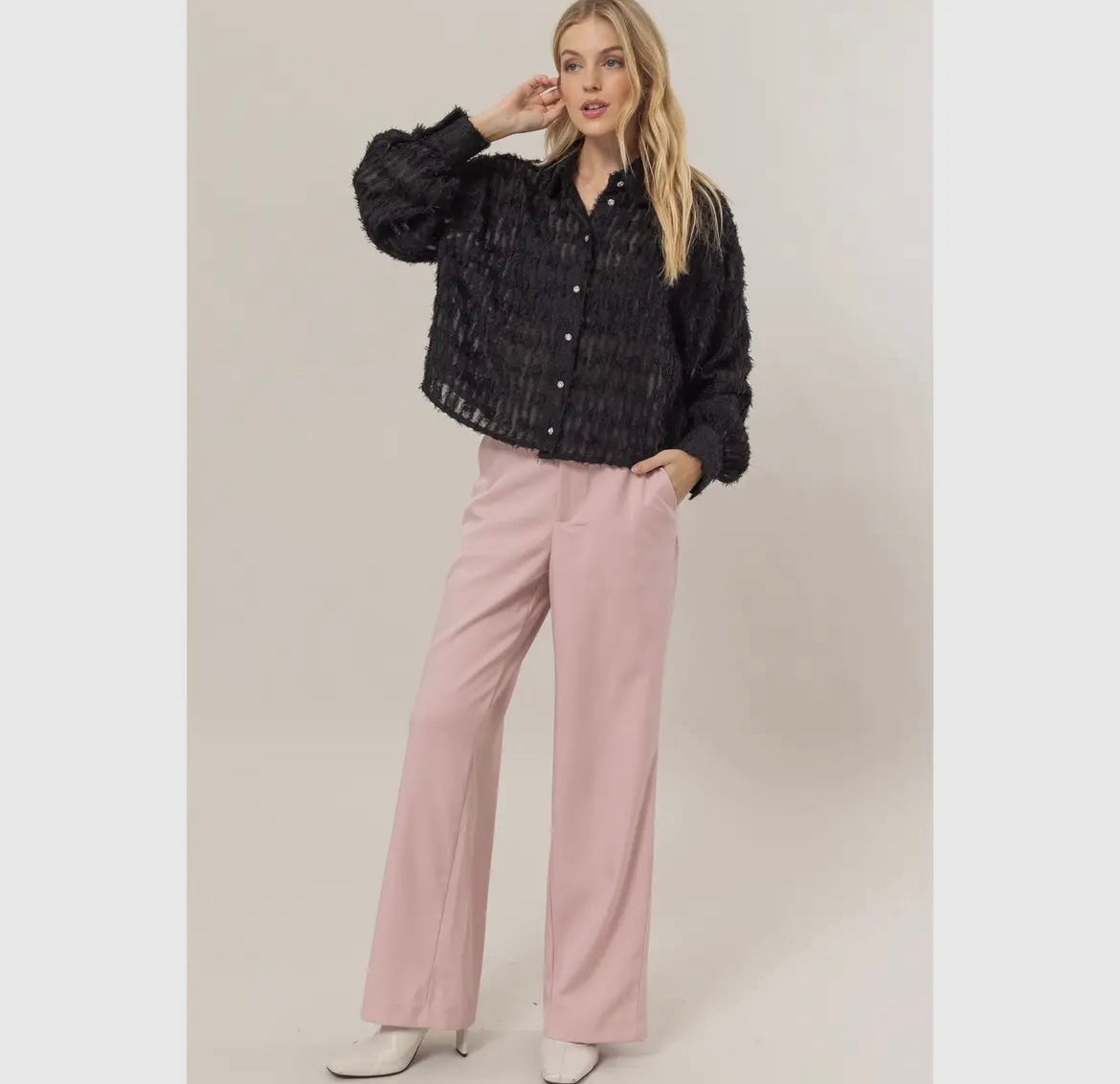 Katelyn, textured sheer sparkle button blouse