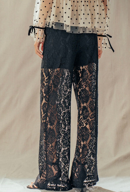 Black Lace Wide-Leg Pants - Elegant Sheer Overlay