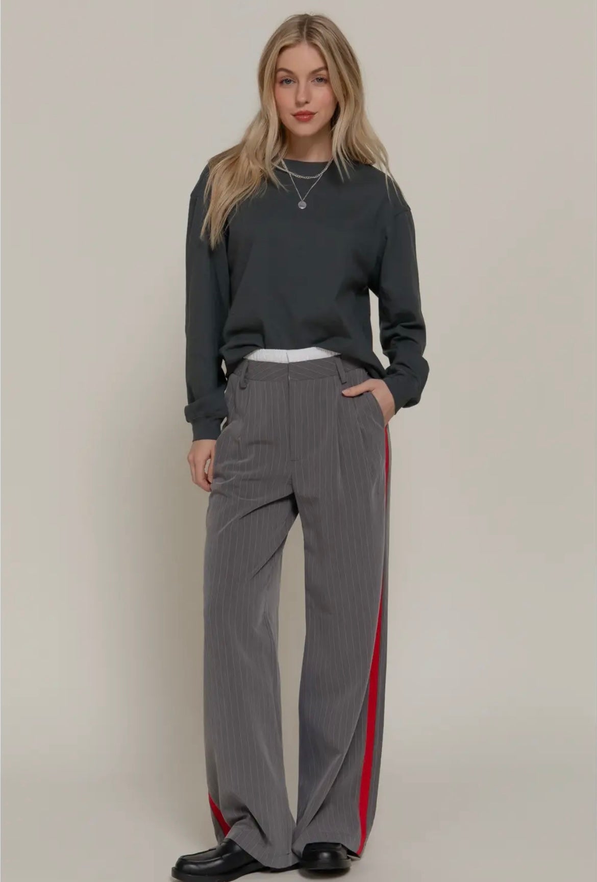 Charcoal Pinstripe Wide Leg Pants