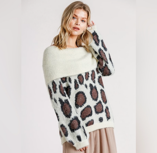 Leopard latte, off the shoulder fuzzy sweater