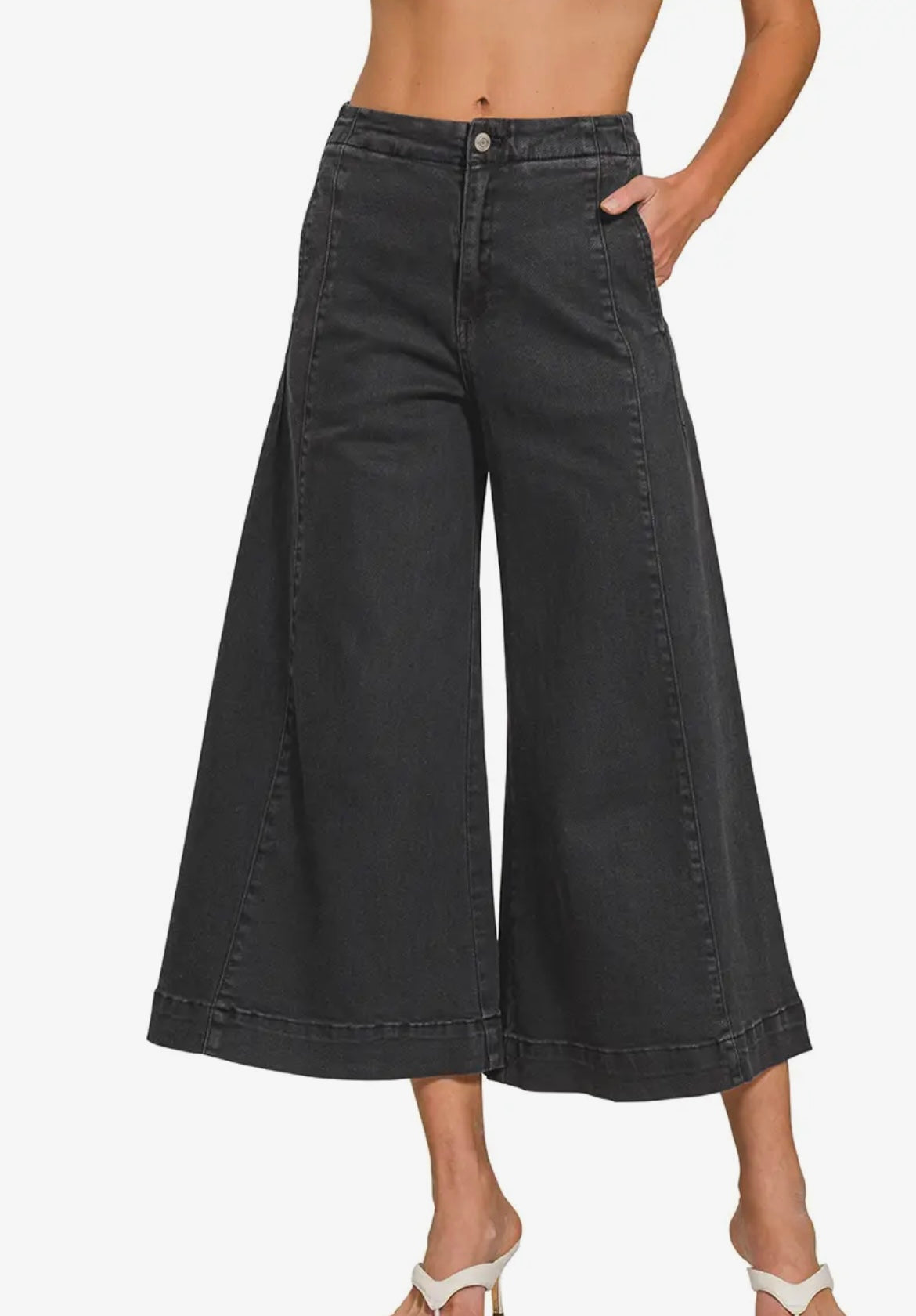 High Rise Black Wash Cropped Denim Gaucho Pants