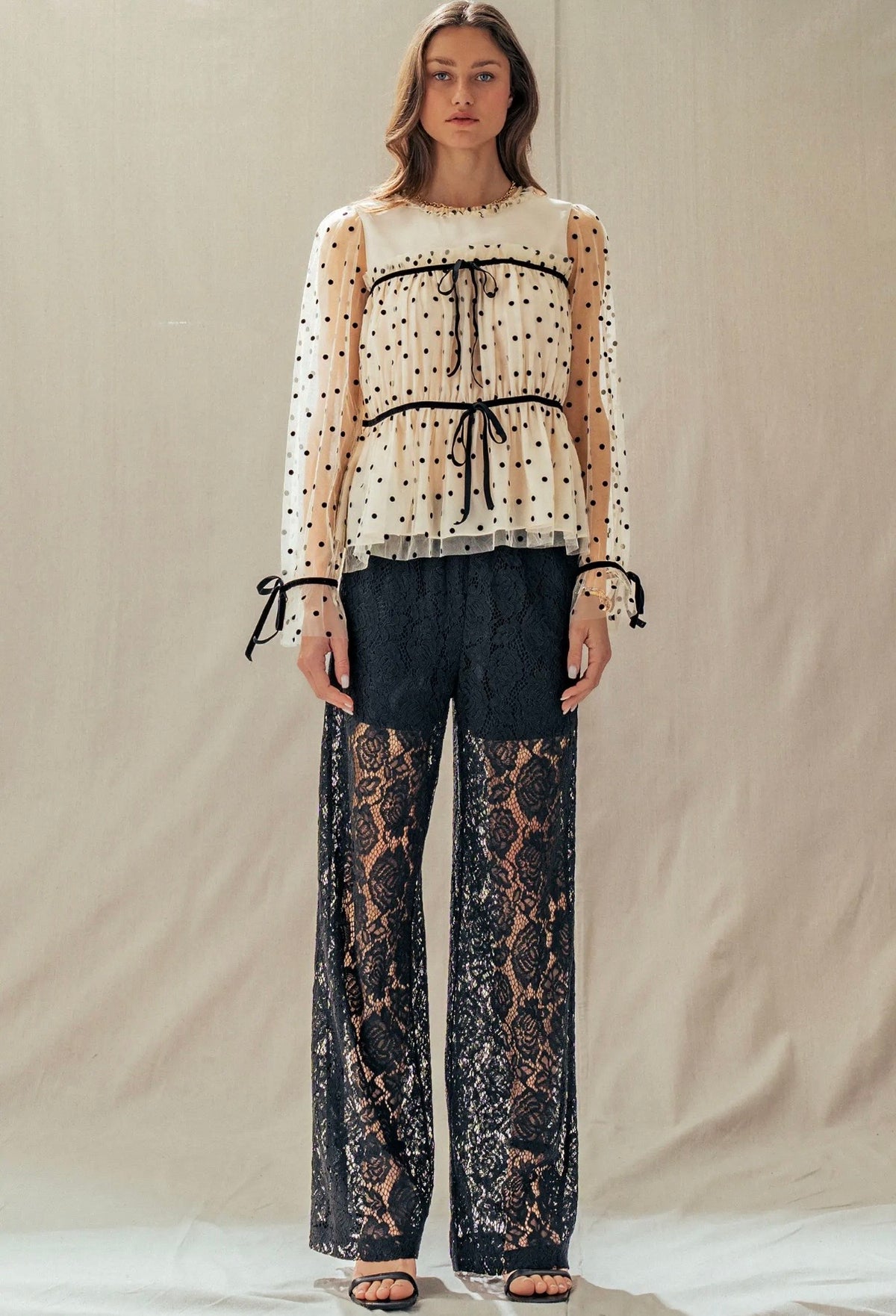 Black Lace Wide-Leg Pants - Elegant Sheer Overlay