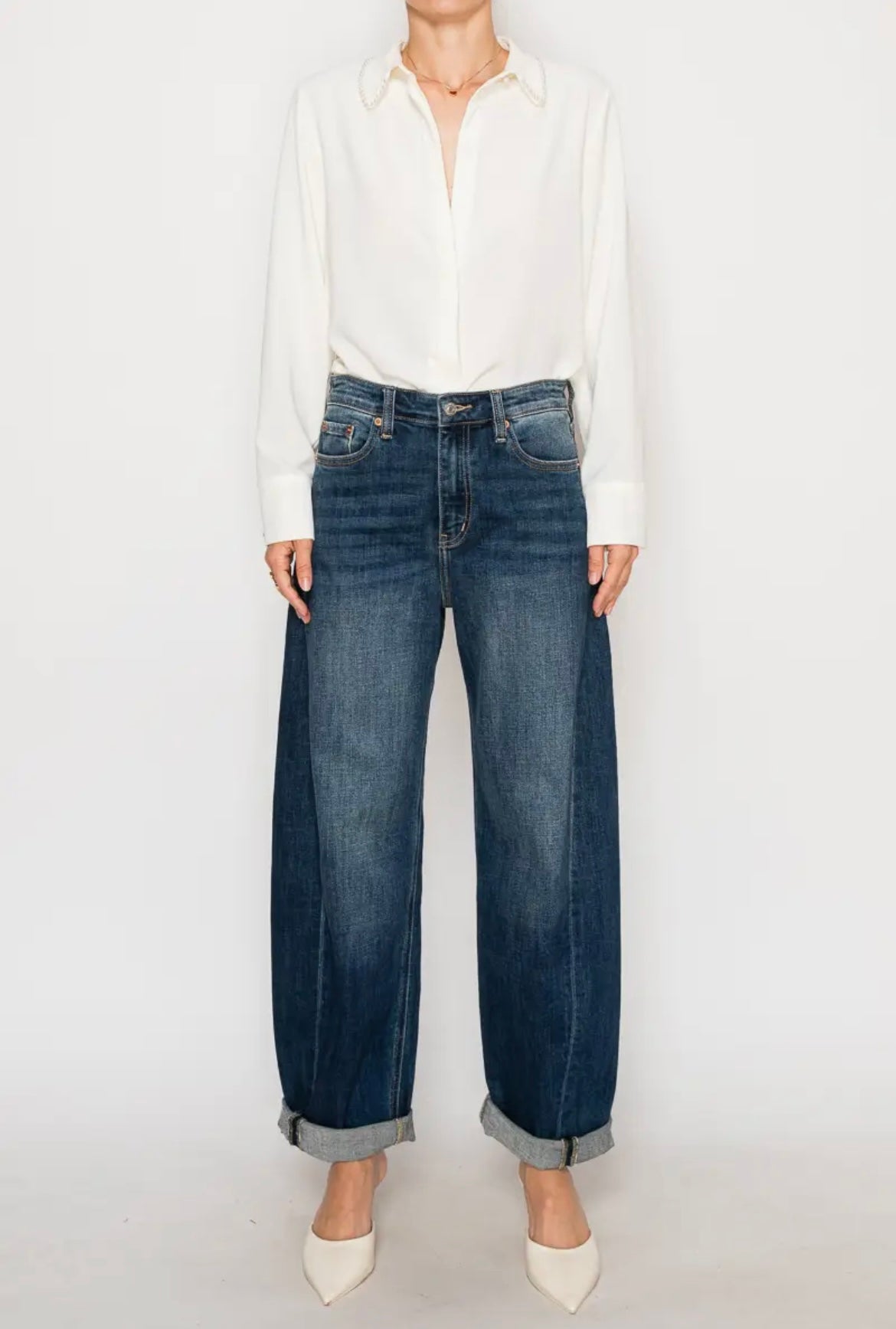 Margaux, relaxed tapered dark wash barrel jean