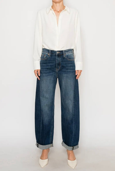 Margaux, relaxed tapered dark wash barrel jean