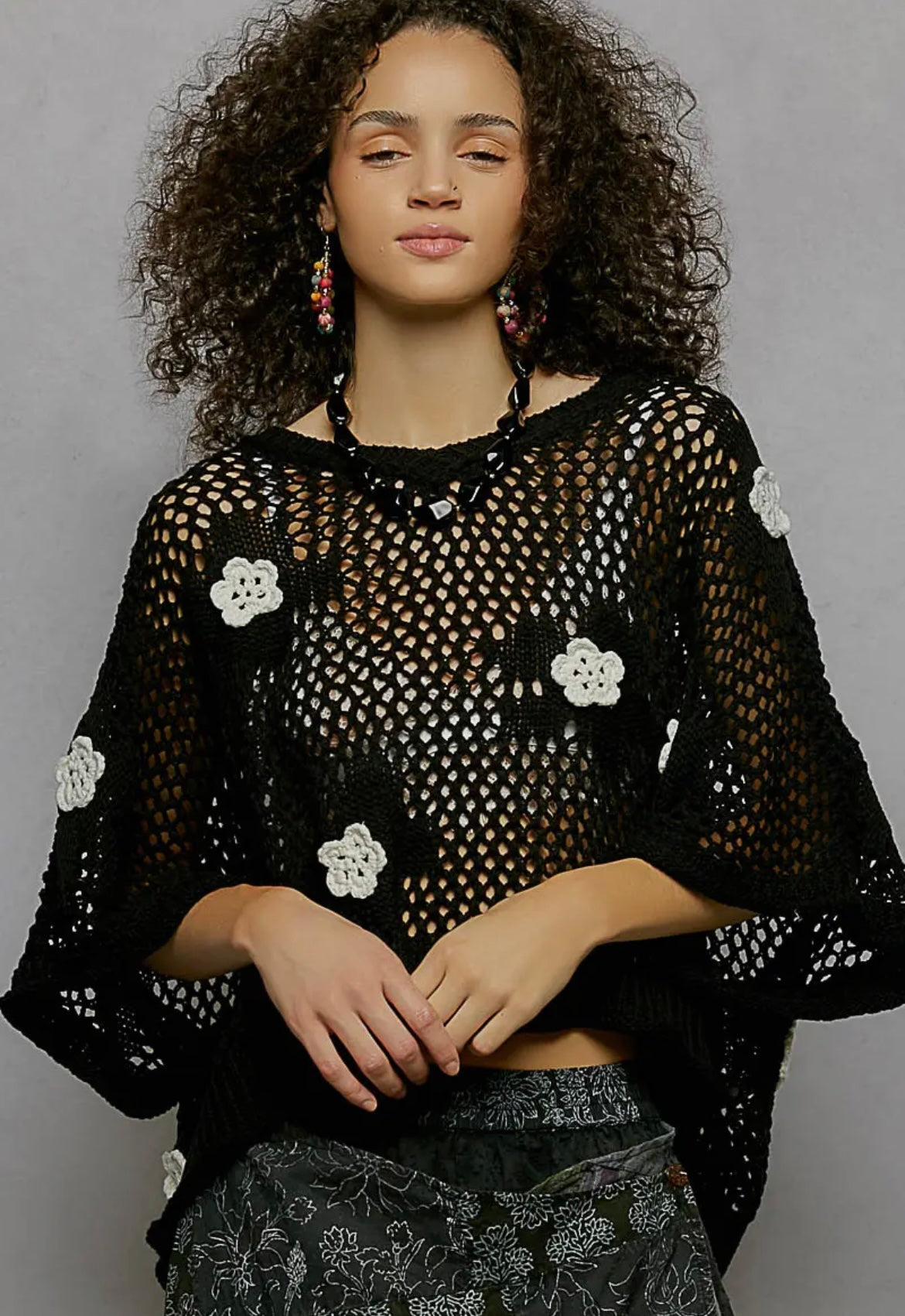 POL, Embroidered flower crochet top