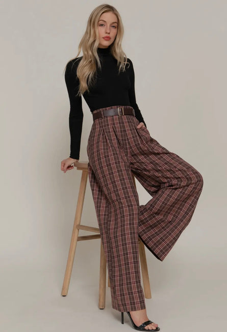 Plaid about you, Belted wide leg palazzo pant