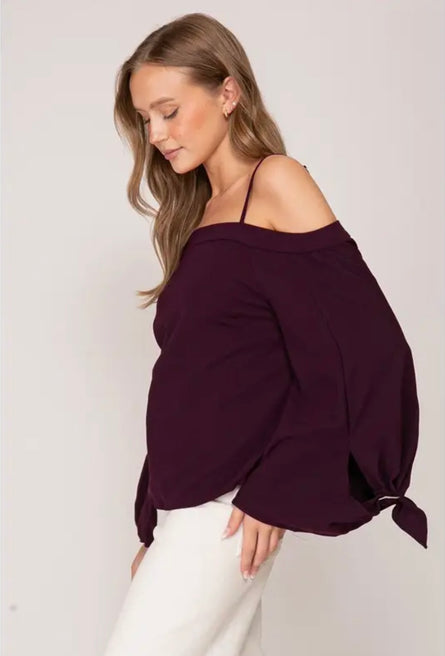 Plum Off-the-Shoulder Buckle Sleeve Blouse