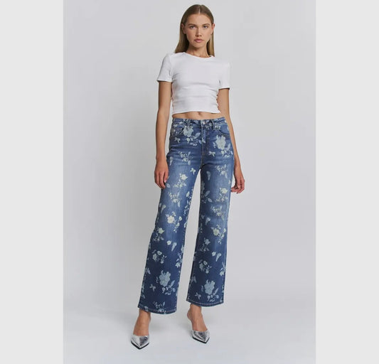 Floral Print Wide Leg Denim Jeans