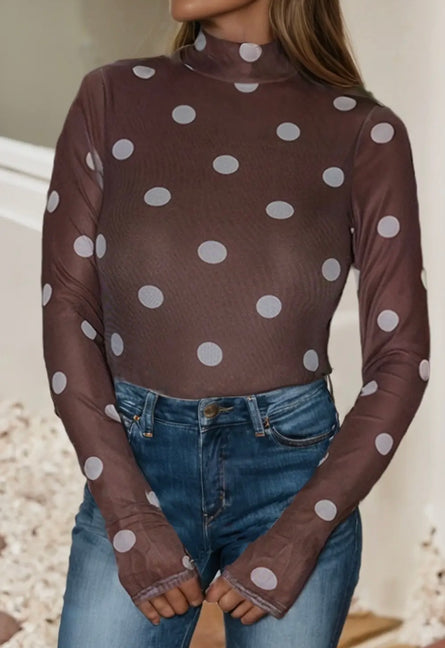 Polka dot, sheer mesh bodysuit with thumb holes