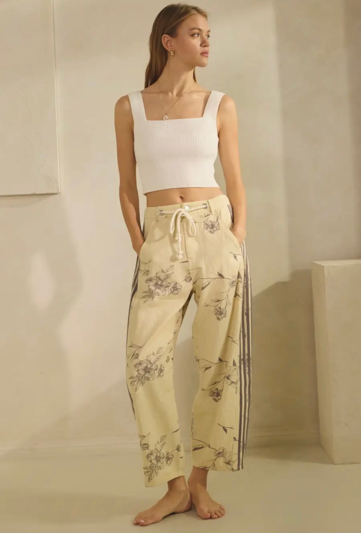 Daisy Floral Rope Drawstring Barrel Leg Pants