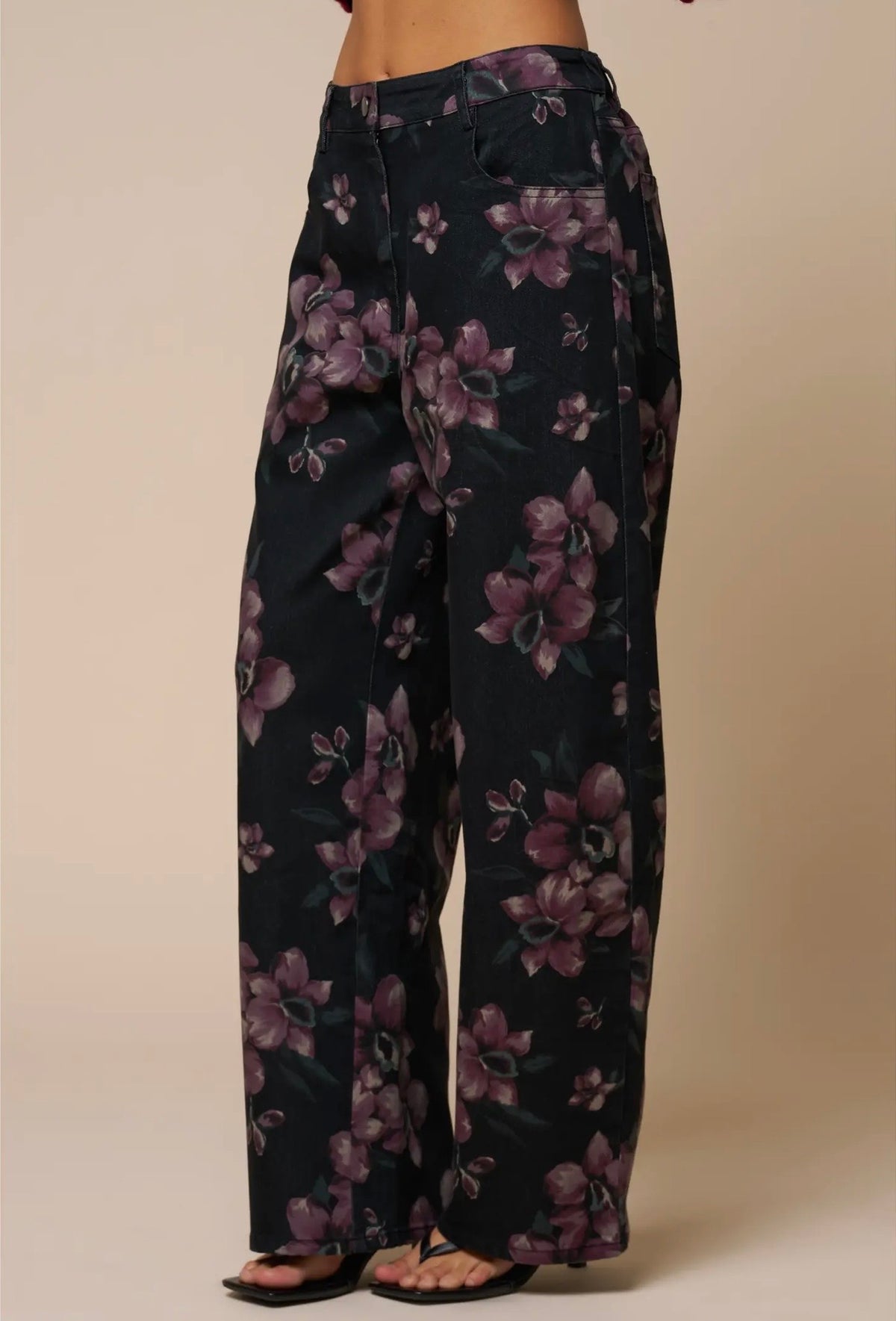 Charcoal Floral Print Barrel Leg Jeans