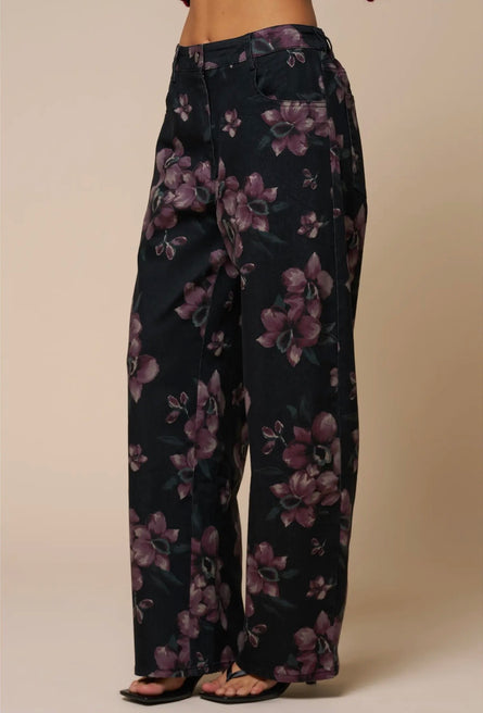 Charcoal Floral Print Barrel Leg Jeans