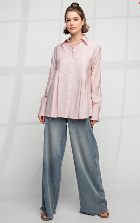 Blush Whisper Relaxed Button Down Blouse – Soft Flowing Collared Top