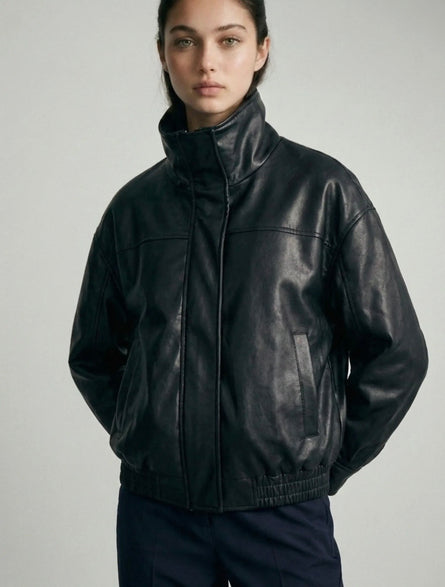 Women’s Oversized Vegan Leather Bomber Jacket | Black