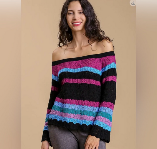 Electric Kiss, color block off the shoulder knit top
