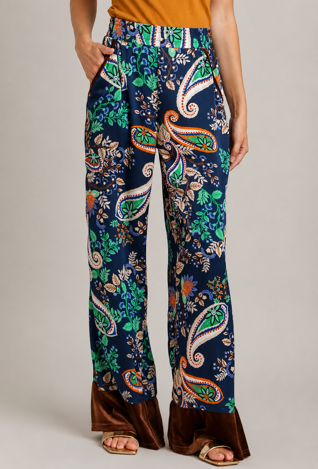 Midnight Paisley Velvet Trim Wide Leg Pants